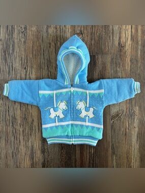 Vtg Merry Mites Hooded Knit Baby Jacket 12 Mos Sherpa Lined Blue Carousel Horses
